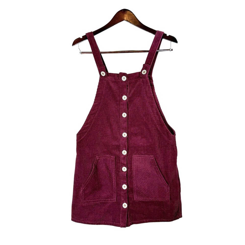 Forever 21 Pinafore Dress Womens Medium Burgundy‎ Corduroy Button Front Academia